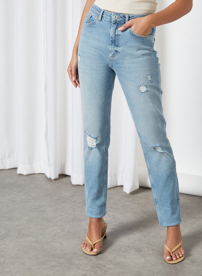 Buy Ripped Mom Jeans Medium Grey Denim in UAE