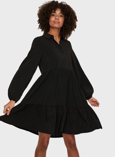 Buy Pleated Balloon Sleeve Dress Black in Saudi Arabia