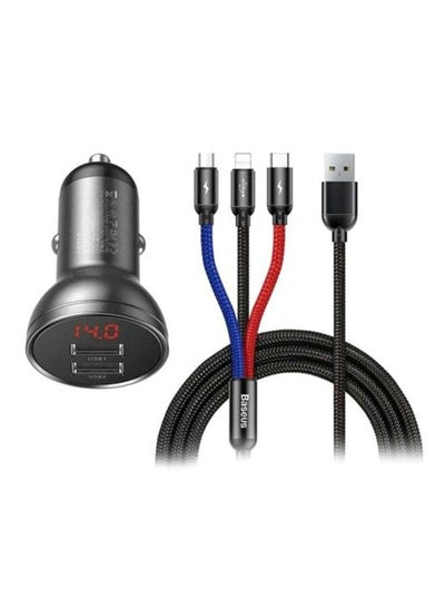 Buy Dual USB Car Charger With 3-In-1 Cable Grey in UAE