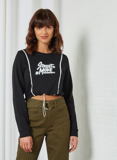 Buy Drawstring Hem Cropped Sweatshirt Black in UAE