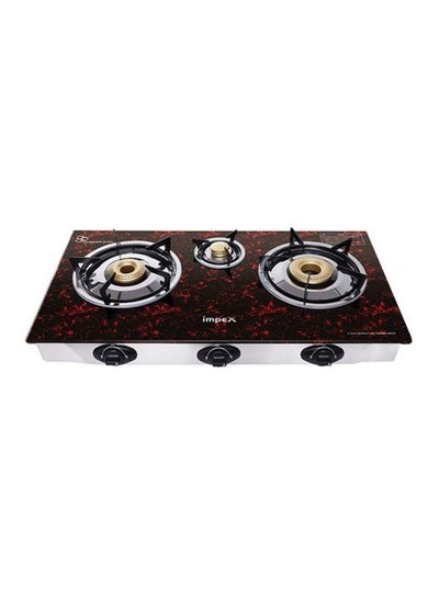 Buy 3 Burner Glass Top Gas Stove with FFD - Quality Pan Support, Brass Burners, Spill Tray, Auto Ignition, Toughened Glass, Flame Failure Device, Blue Flame, Ergonomic Knobs IGS 1213F Black/Red/Silver in UAE