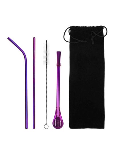 Buy 5-Piece  Stainless Steel Straight Bent Drinking Straws With Cleaning Brush Kit Purple/Black 25.5x3.5x1.5cm in Saudi Arabia