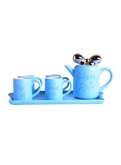 اشتري 6-Piece Ceramic Butterfly Knotted Teapot Set لون أزرق في الامارات