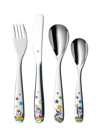 Buy 4-Piece Unicorn Child Set Silver/Blue/Green Fork 1x18.5, Spoon 1x16.5, Knife 1x16.5, Teaspoon 1x13cm in UAE