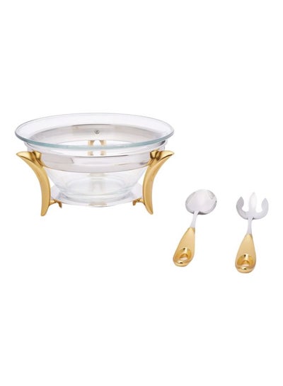 Buy Salad Serving Bowl With Server Clear/Gold/Silver 17.8x35.8x33.2cm in UAE