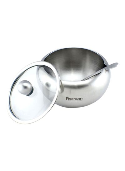 اشتري Stainless Steel Sugar Bowl With Glass Lid With Spoon Silver 0.46L في الامارات