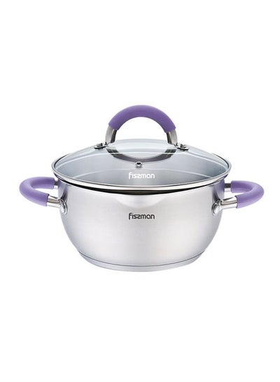 Buy 2 Liter Stockpot Annette Series 18/10 Inox304 Stainless Steel With Clear Glass Lid, Pouring Lip Strainer With Silicone Handles, Suitable All Types Of Stoves, Perfect Stew, Soup And Pasta Silver/Purple 18x9cm in UAE