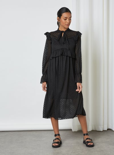 Buy Textured Ruffled Trim Dress Black in Saudi Arabia