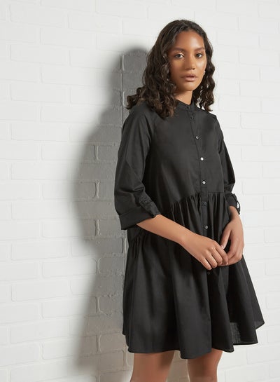 Mandarin Collar Contrast Button Dress (Khaki)