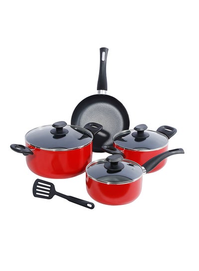 Buy 8 Piece Non-Stick Cookware Set, 24Cm Casserole With Lid, 20Cm Casserole With Lid, 18Cm Sauce Pan With Lid, 24Cm Frying Pan, Nylon Turner - Hw3455 Red 1cm in Saudi Arabia