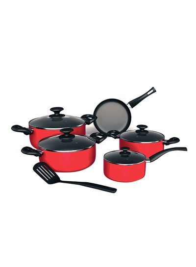 Buy 10 Piece Cookware Set, Food Grade Aluminium With 3 Layer Non-Stick Coating, 28Cm Casserole With Lid, 24Cm Casserole With Lid, 20Cm Casserole With Lid, 18Cm Saucepan With Lid, 24Cm Fry Pan, Nylon Turner - Hw-2601 Red 1centimeter in UAE