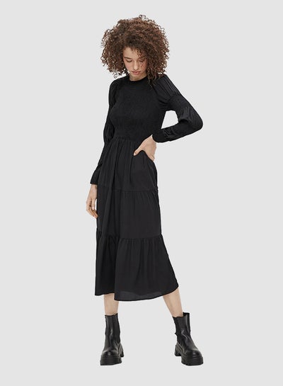 Buy Long Sleeve Smock Dress Black in Saudi Arabia