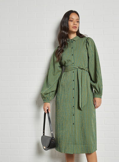 Buy Checkered Belted Midi Dress Hunter Green in UAE