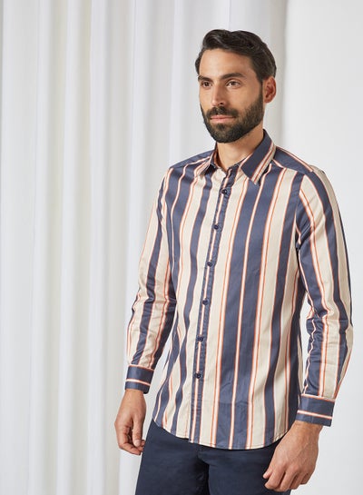 Buy Striped Slim Fit Shirt Dark blue/Orange Stripes in UAE