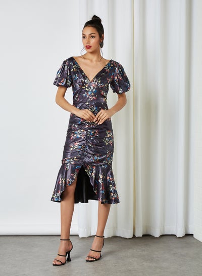 Buy Ruffled Hem Floral Dress Navy in Saudi Arabia