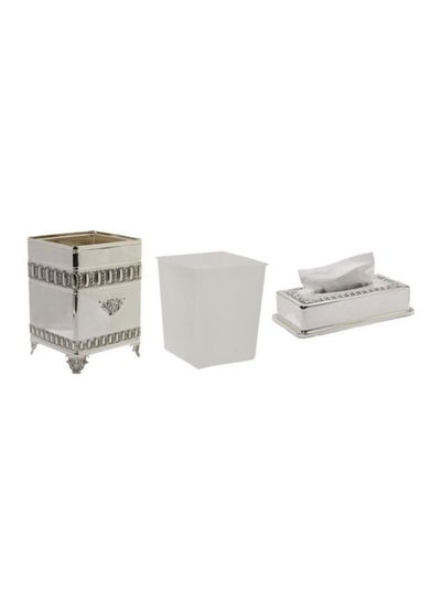 Buy 3-Piece Trashbin And Tissue Box Set Silver/White Dust Bin (30x20x20) cm, Tissue Box (29x14x6)cm in UAE