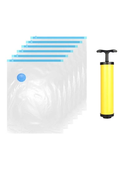 Buy 7-Piece Vacuum Storage Bag With Suction Pump Set Clear/Blue/Yellow 70x100cm in Saudi Arabia