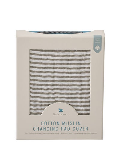 اشتري Cotton Muslin Changing Pad Cover With All Around Elastic  - Grey Stripe في الامارات