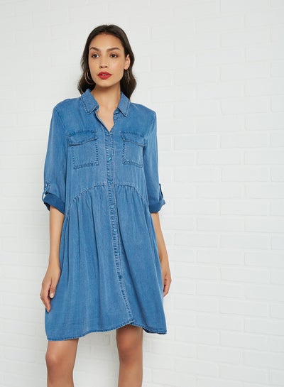 Buy Gather Detailed Dress Medium Blue Denim in Saudi Arabia