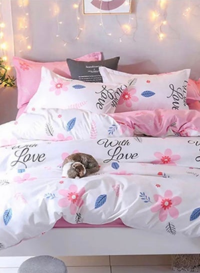 Buy 6-Piece Double Size Premium Collection Super Soft Long Lasting Washable Love And Floral Print Design Bedding Duvet Set Includes 1xDuvet Cover,1xFitted Sheet 230x250 cm,4xPillowcases 50x75 cm Microfiber Multicolour in UAE