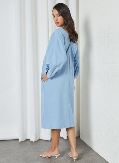 Buy Popelin Puffed Sleeve Dress Light Pasatel Blue in Egypt