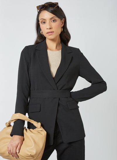 Buy Plain Belted Blazer Black in Saudi Arabia