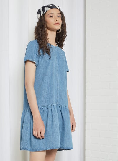Buy Denim Short Sleeve Dress Medium Blue Denim in Egypt