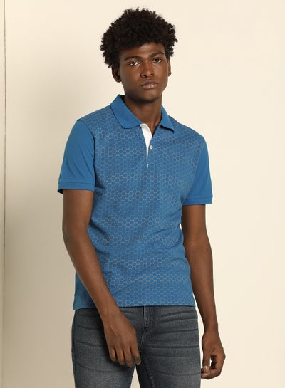 Buy Snake Printed Regular Fit Collared Neck Polo Deep Sky Blue in Saudi Arabia