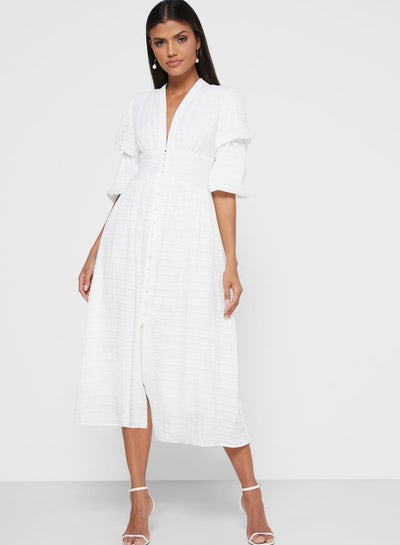 Buy Solid Pattern Puff Sleeve Dress White in Saudi Arabia