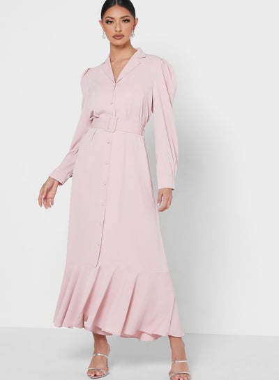 Buy Button Down Soft Belted Dress Pink in Saudi Arabia