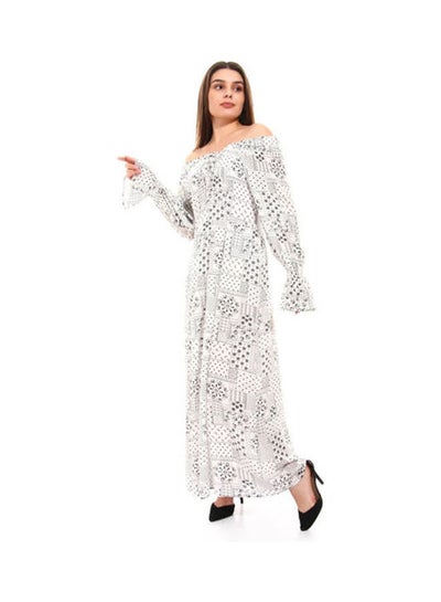 اشتري فستان كاجوال مزين بطبعة للنساء أبيض/ أسود في مصر