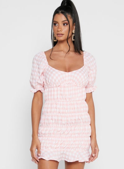 Buy Check Frill Cuff Ruched Mini Dress Pink/White in UAE