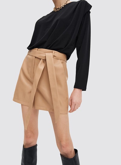 Buy Faux Leather Belted Shorts Beige in Egypt