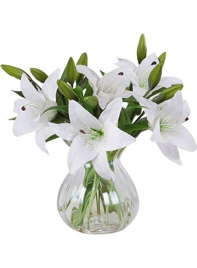 Buy 5 Pcs Artificial Lily with 3 Buds Full Bloom Real Touch Latex Flowers White in UAE