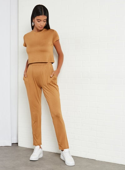 Buy Plain T-Shirt and Pants Set Brown in UAE