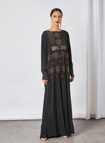 Buy Abstract Print And Floral Stone Work Abaya Black in Saudi Arabia