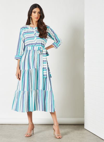 Buy Striped Pattern Belted Waist Midi Modest Dress Blue/White in Saudi Arabia