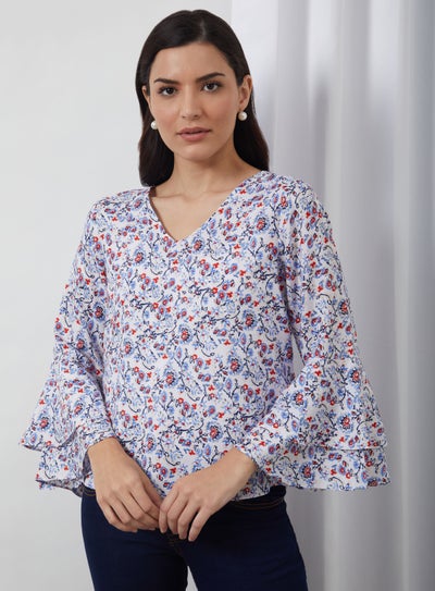 Buy Floral Printed Woven Blouse Top White/Blue/Red in UAE