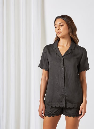 Buy Jane Scalloped Trim Pyjama Shirt Black in UAE