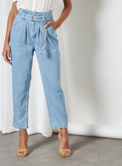 Buy Belted High-Waist Slouchy Jeans Clear Blue in UAE