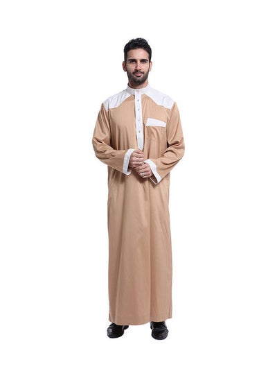 Buy Stand Collar Long Sleeve Casual Kaftan Brown/White in Saudi Arabia