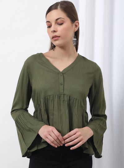 Buy Plain Woven Blouse Top Khaki Solid in Saudi Arabia