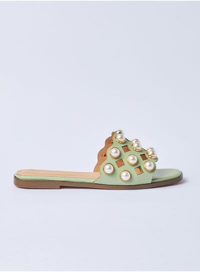 Buy Imitation Pearls Embedded Slip-On Sandals Green in Saudi Arabia