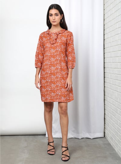 Buy Floral Pattern Keyhole Neck Dress Rust in Saudi Arabia