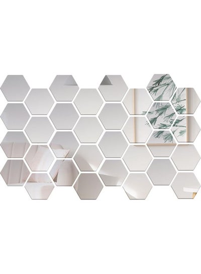 Buy 32-Piece Hexagon Mirror Wall Sticker Silver in UAE