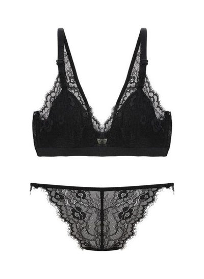 Buy Women's Comfy Solid Colour Lace 3/4 Cup Bra and Panty Set Black in UAE