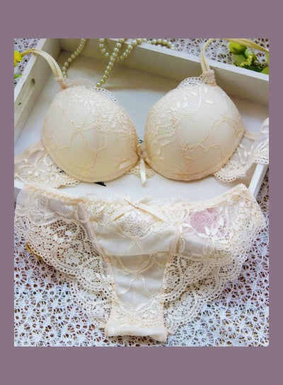 Women's Comfy Solid Colour Lace 3/4 Cup Bra and Panty Set Beige