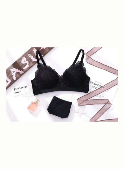 Women's Comfy Solid Colour Lace 3/4 Cup Bra and Panty Set Black