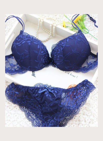 Buy Women's Comfy Solid Colour Lace 3/4 Cup Bra and Panty Set Blue in Saudi Arabia