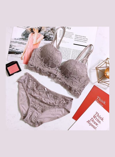 Buy Women's Comfy Solid Colour Lace 3/4 Cup Bra and Panty Set Grey in UAE